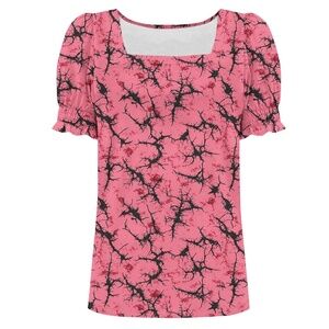 Ounisa Women's Square Neck Printed Smock Sleeve Top/Blouse, Pink/Black Size XL
